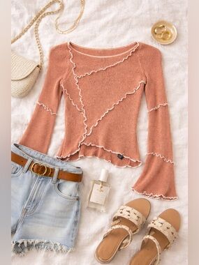 BDG Urban Outfitters Peach Knit Ruffle Trim Top XS | Lettuce Edge Long Sleeve